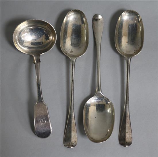 Three George I Scottish silver Hanovarian rat tail table spoons, Harry Beathune, Edinburgh, 1723, and a later Scottish ladle